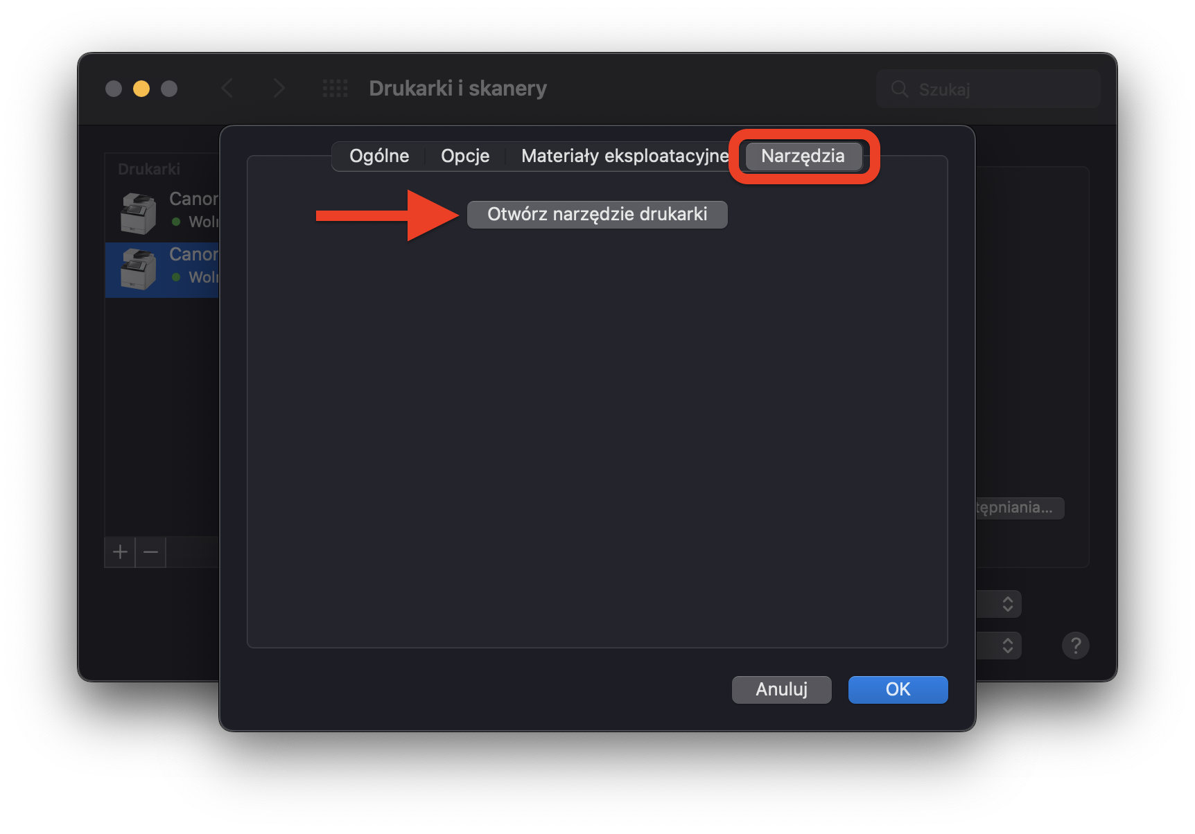zakładka otwórz narzędzia drukarki